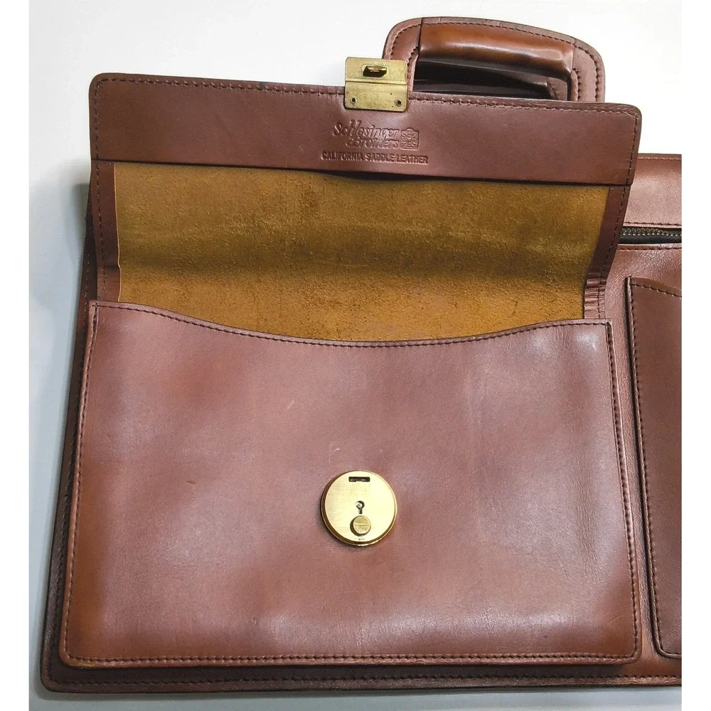 Vintage Schlesinger Brothers Briefcase Mens Brown California Saddle Leather Bag